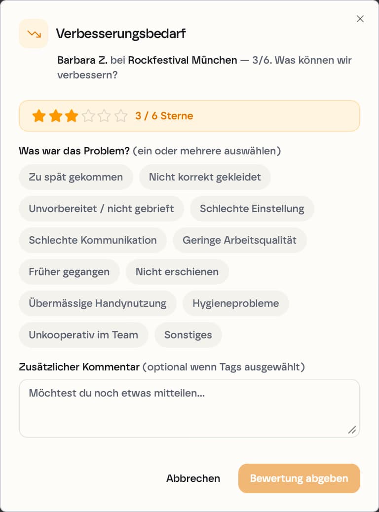 kyoX Verbesserungsbedarf: 3 von 6 mit Problem-Tags und Kommentarfeld