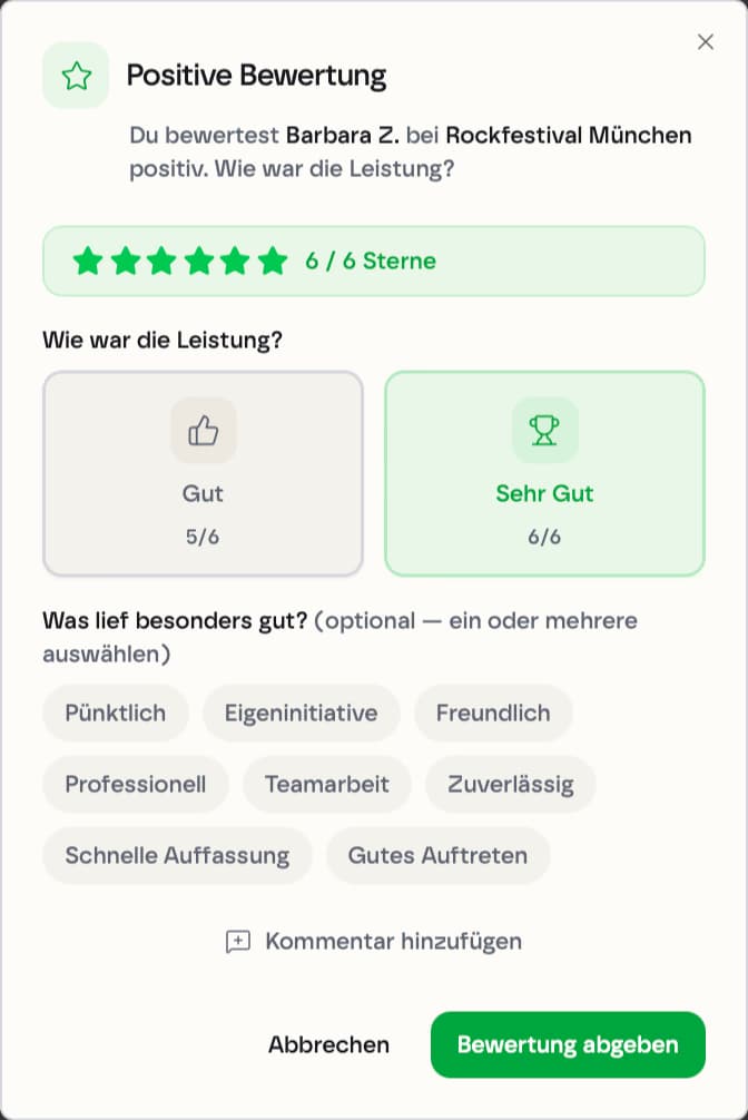 kyoX Positive Bewertung: 6 von 6 mit Tags wie Pünktlich, Eigeninitiative, Professionell