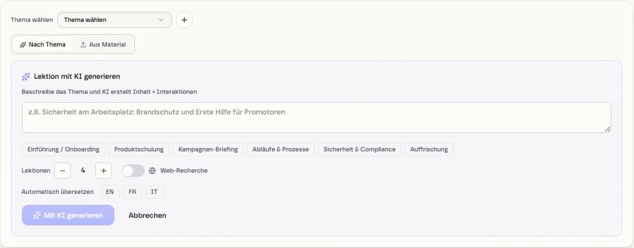 kyoX Academy générateur IA : générer une leçon à partir du briefing avec catégories onboarding, formation produit, sécurité et traduction automatique
