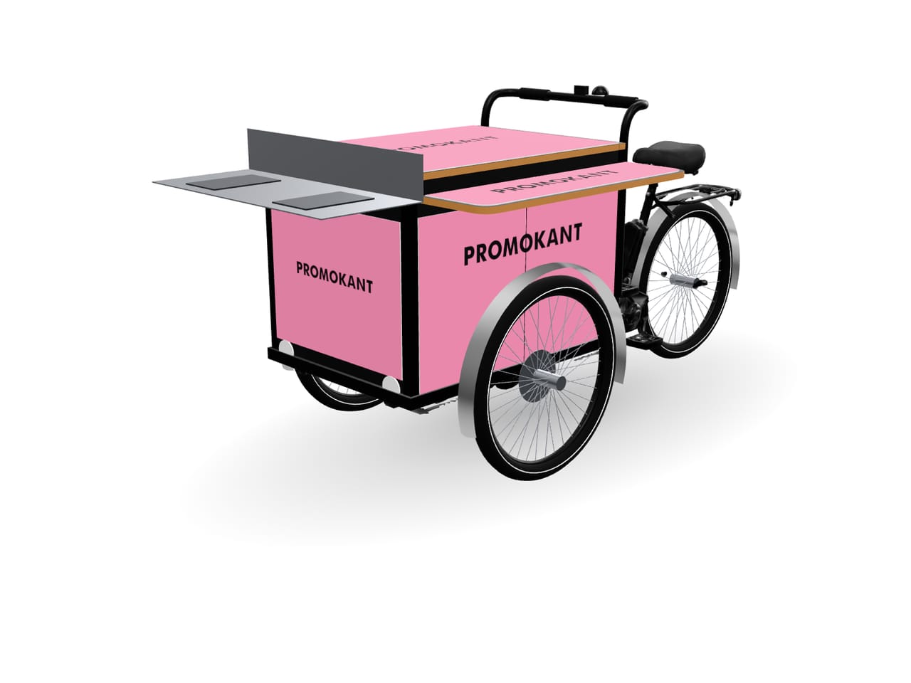 PROMOKANT eCargo Bike mit Branding-Platten auf Box, Deckel und Tisch